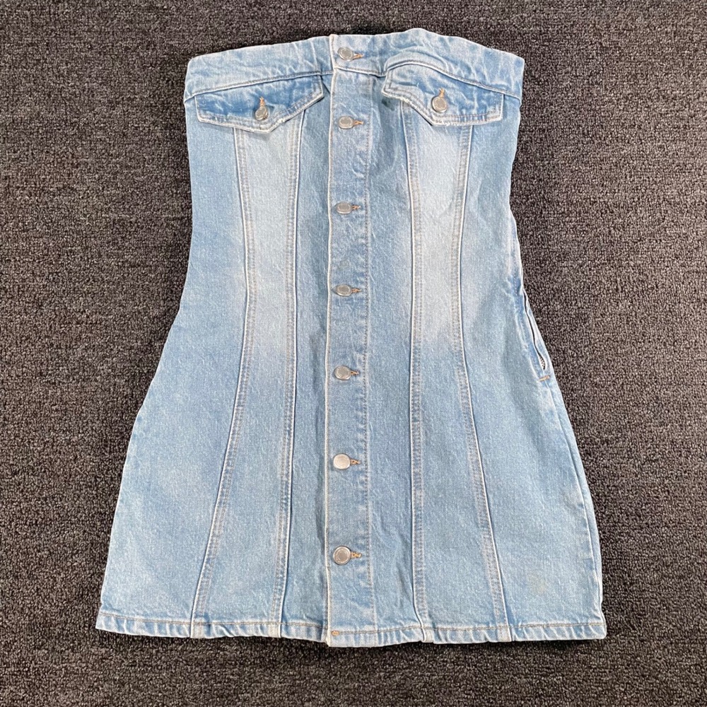 Pull&Bear Denim Tube Dress Womens Small Light Blue Good Strapless Button Front